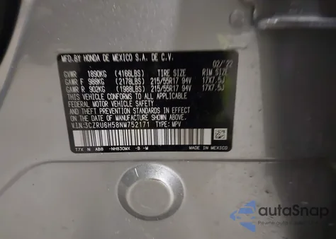 2022 Honda Hr-V Ex z USA, uszkodzony, nr VIN 3CZRU6H58NM752171